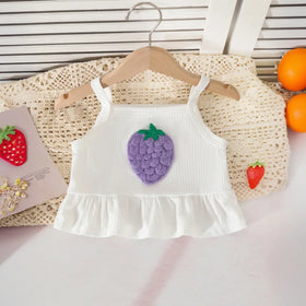 Girls Purple 3D Strawberry Applique Sleeveless Top With Denim Shorts Set Sets