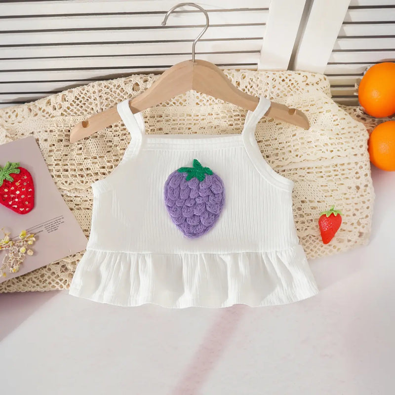 Girls Purple 3D Strawberry Applique Sleeveless Top With Denim Shorts Set Sets