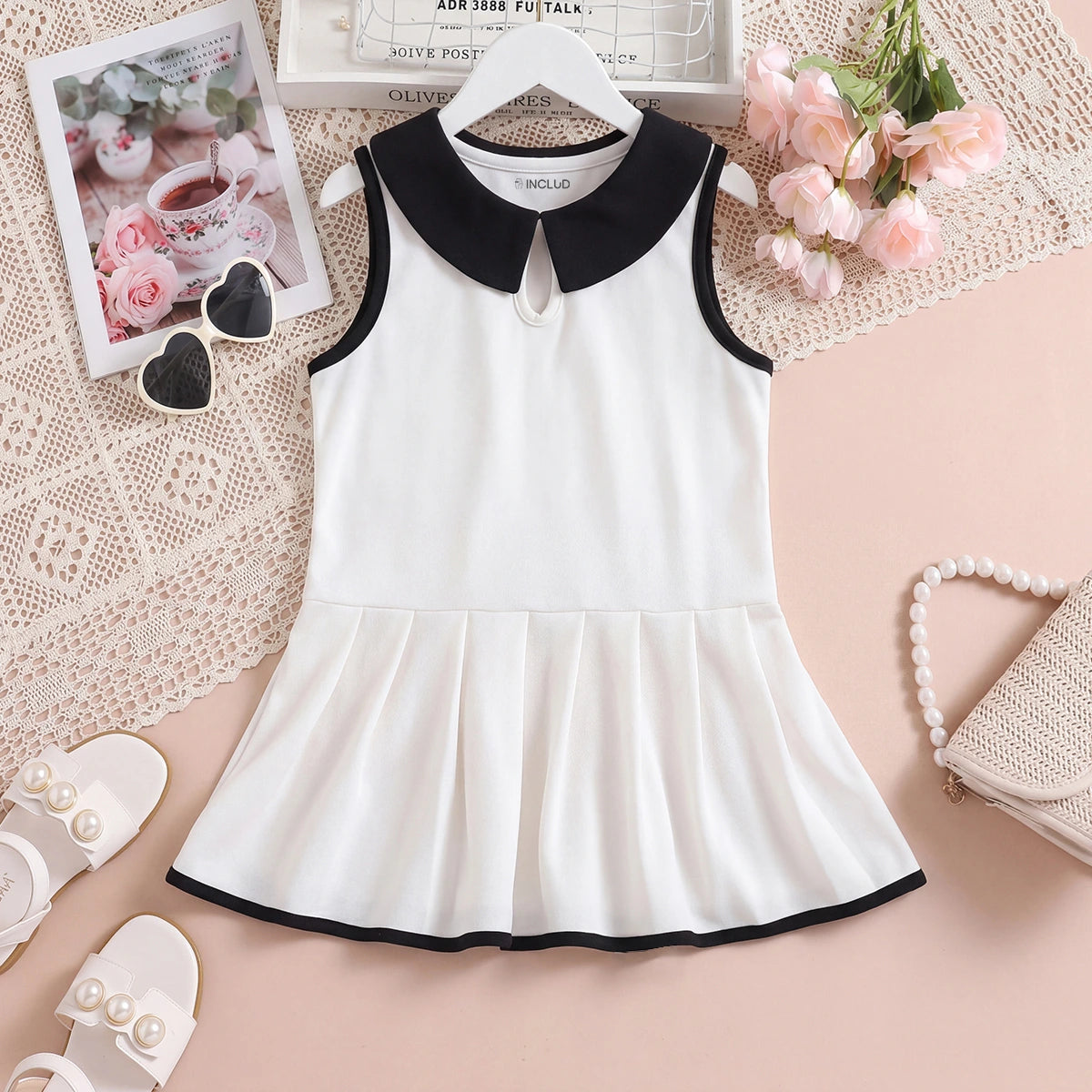 Girls White Peter Pan Collar A-Line Dress Casual Dresses White 1-2 Y