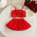 Girls Red 3D Floral Ruffle Top With Tiered Tulle Tutu Skirt Sets Sets Red 2-3 Y
