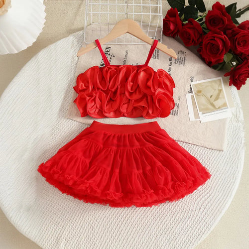 Girls Red 3D Floral Ruffle Top With Tiered Tulle Tutu Skirt Sets Sets Red 2-3 Y