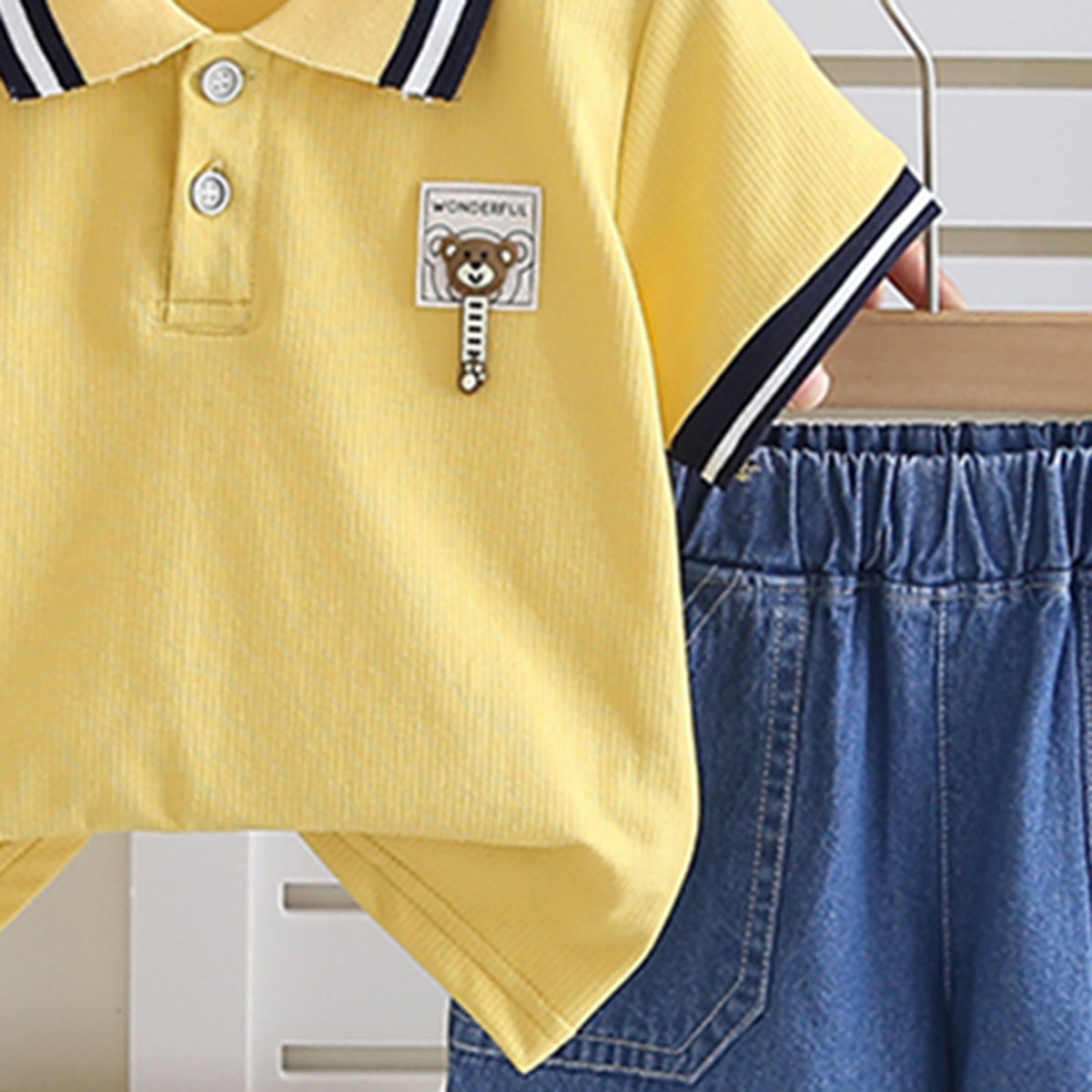 Boys Yellow Striped Collar Short Sleeves Polo T-Shirt With Denim Shorts Set 2 pc. Sets