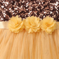 Girls yellow sleeveless party gown with sequined bodice and floral applique