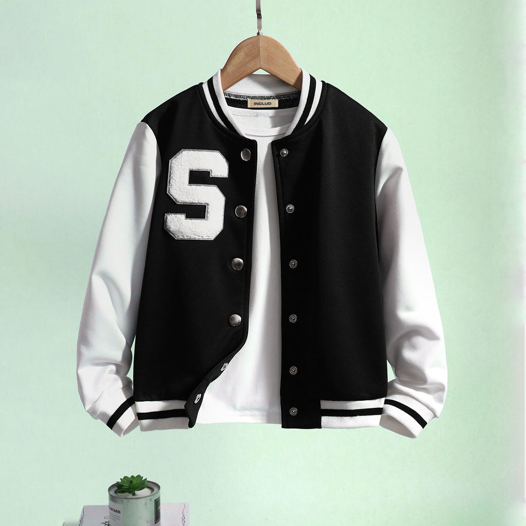 Girls Black Solid S Applique varsity Jacket Coats & Jackets
