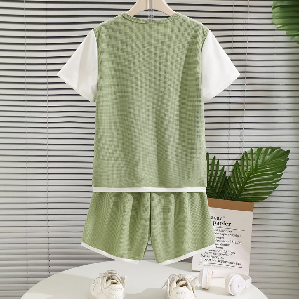 Boys Olive Green Colour-blocked T-Shirt & Shorts Co-ord Sets Sets