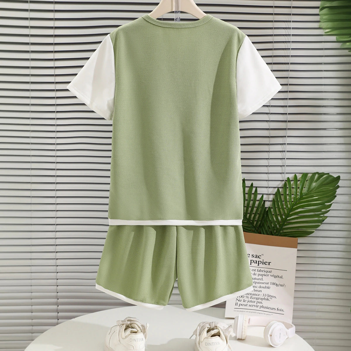 Boys Olive Green Colour-blocked T-Shirt & Shorts Co-ord Sets Sets