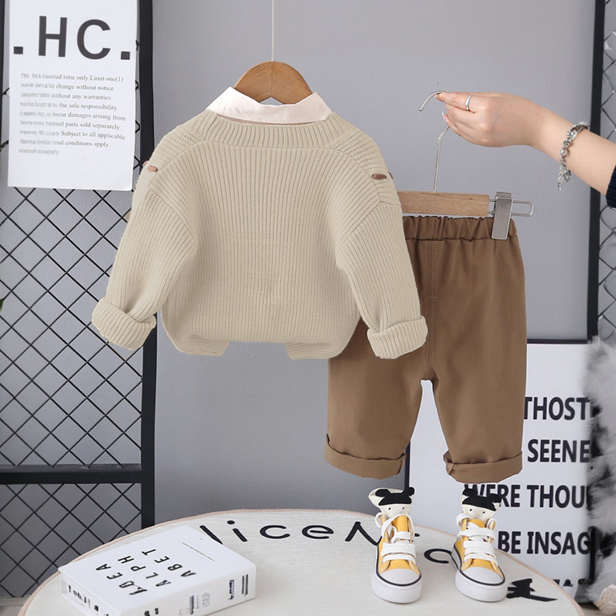 Boys Khaki Self-Design Cardigan With Shirt and Pants Set Sets