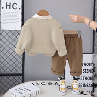 Boys Khaki Self-Design Cardigan With Shirt and Pants Set Sets