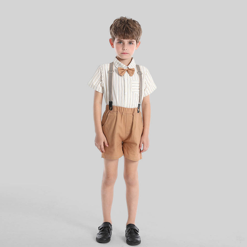 Boys Striped Shirt with Bow & Suspender Shorts Formal Set