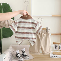 Boys Brown Striped Polo T-shirt with Khaki Shorts Set Sets