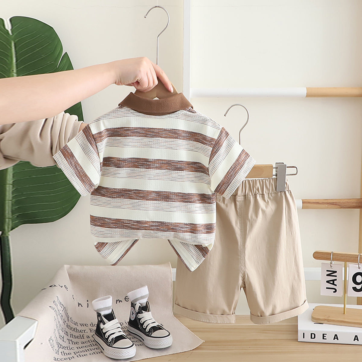 Boys Brown Striped Polo T-shirt with Khaki Shorts Set Sets