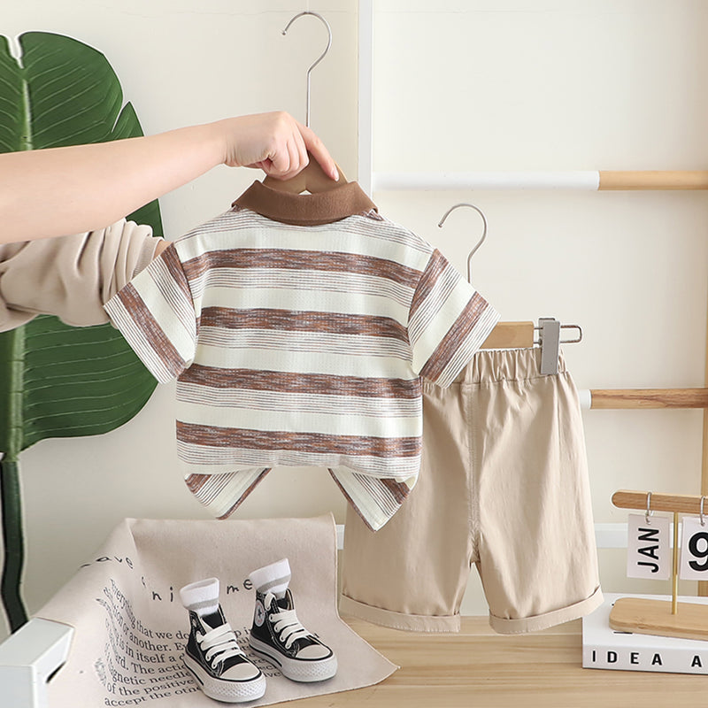 Boys Brown Striped Polo T-shirt with Khaki Shorts Set Sets