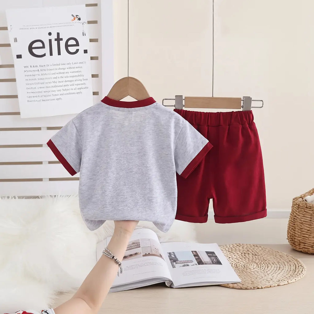 Boys Maroon Mushroom Applique Short Sleeve T-Shirt with Elasticated Shorts Sets 2 pc. Sets
