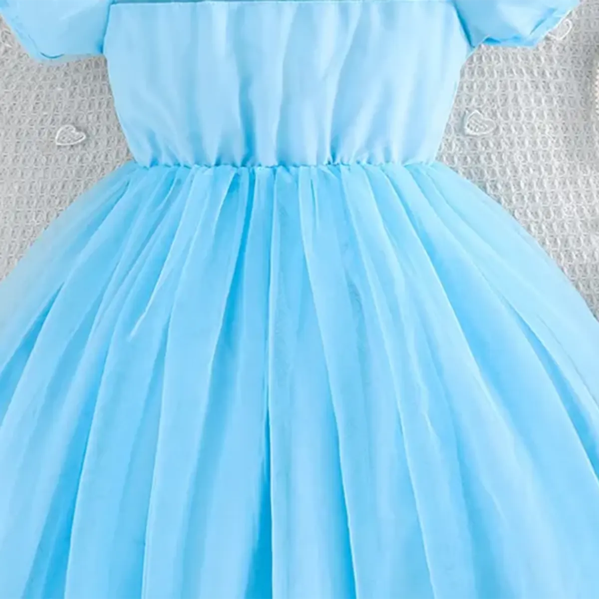 Girls Light Blue Tulle Overlay Fit & Flare Dress With Puff Sleeves Casual Dresses