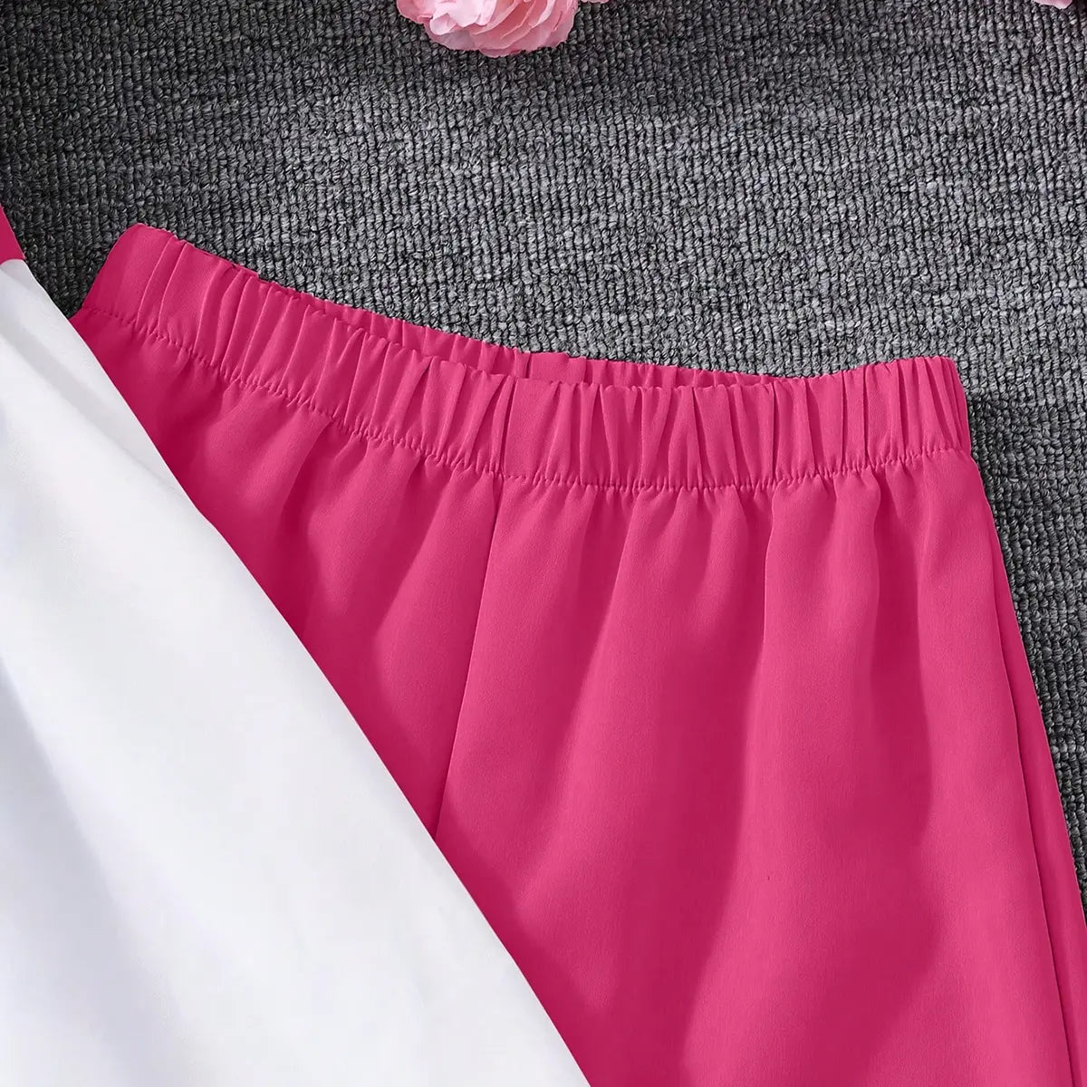 Girls White Floral Applique Puff Sleeves Peplum Top With Pants Set Sets