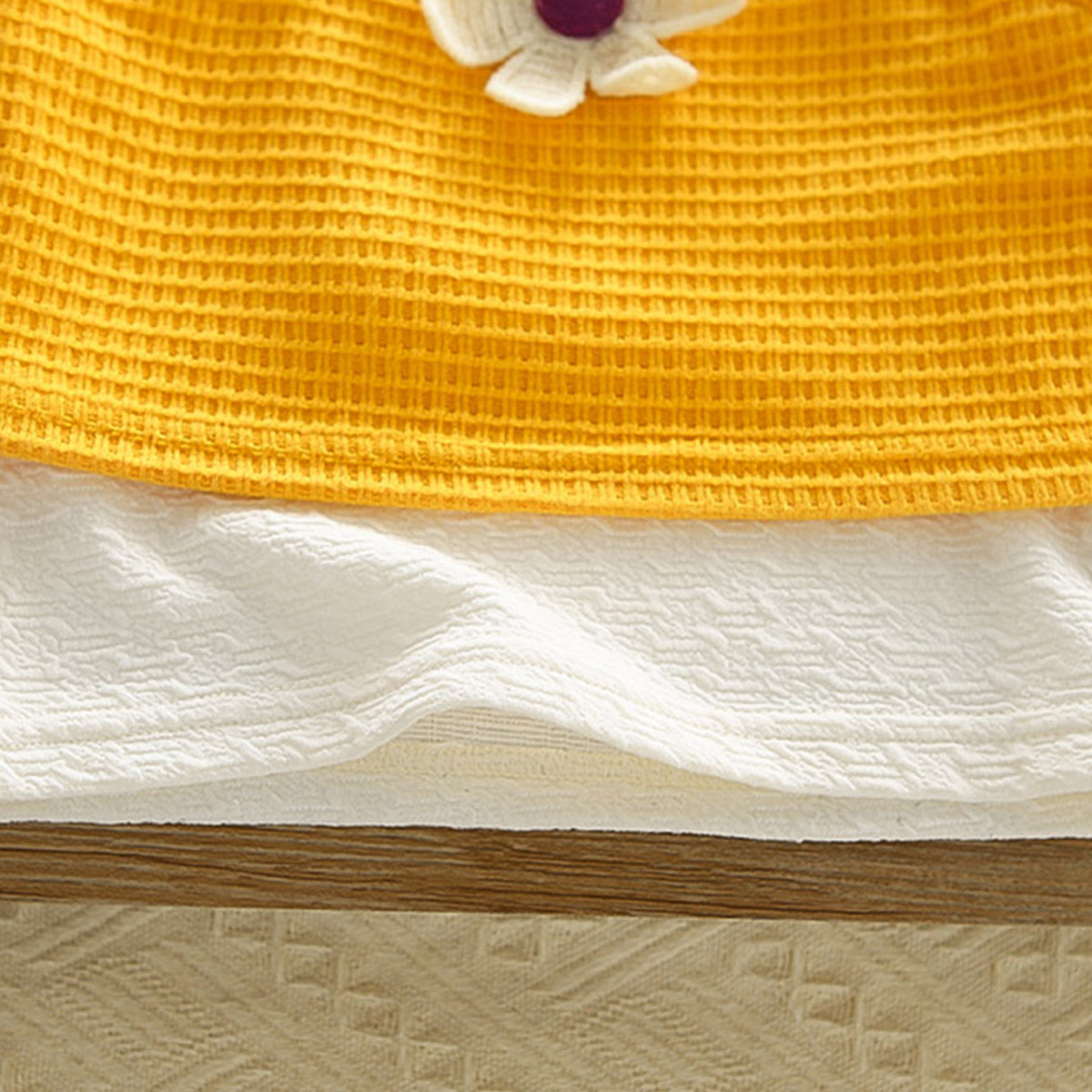 Girls Puffed Sleeves Top with Yellow Floral Textured Crop Top & Jeans Sets Sets