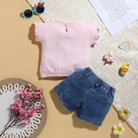 Girls Pink Graphics Short Sleeve T-Shirt With Denim Shorts Sets 2 pc. Sets