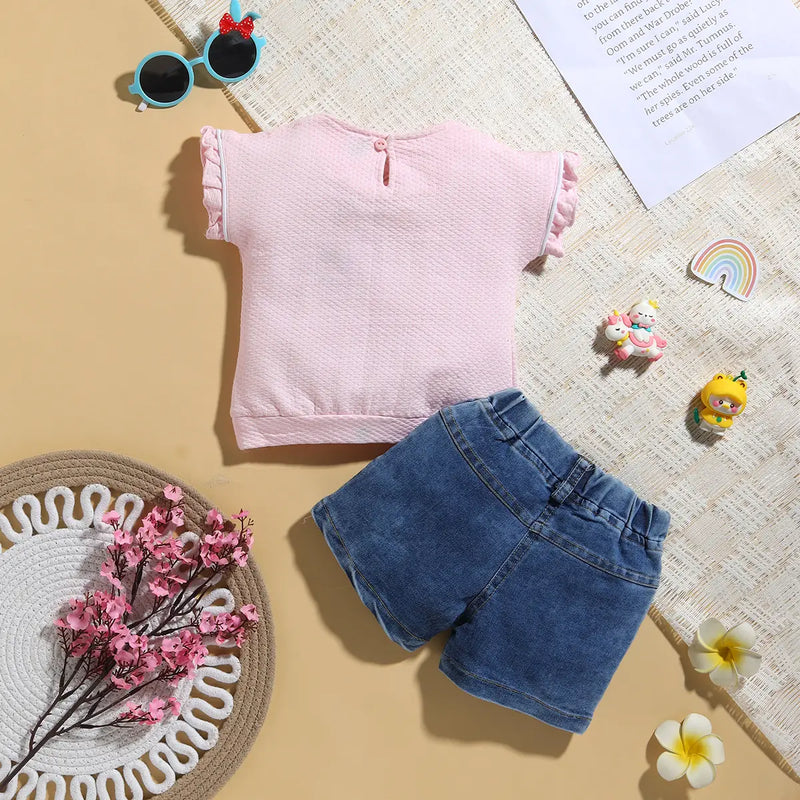 Girls Pink Graphics Short Sleeve T-Shirt With Denim Shorts Sets 2 pc. Sets