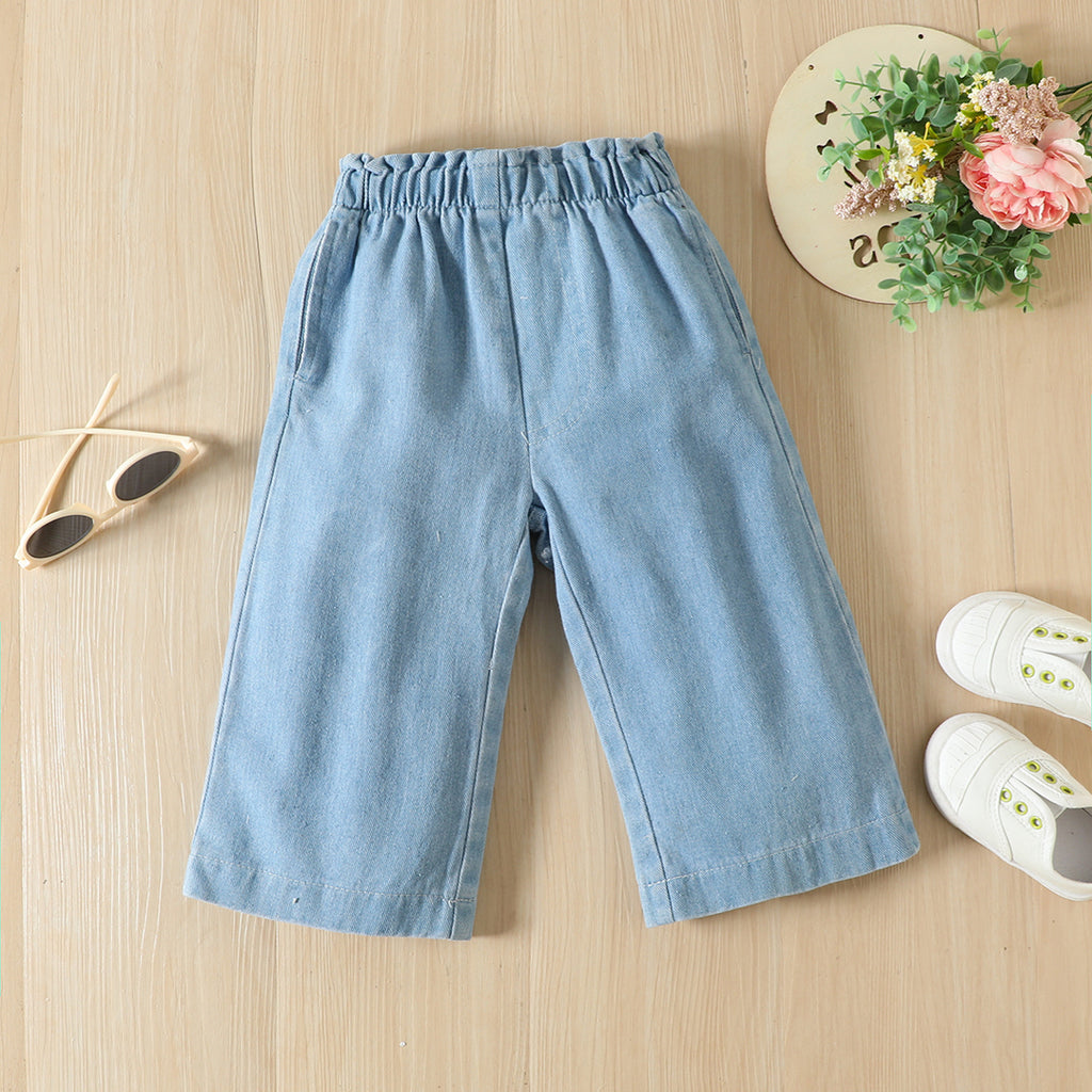 Girls Off Shoulder Smocked Top With Elasticated Denim Pants Set Sets   