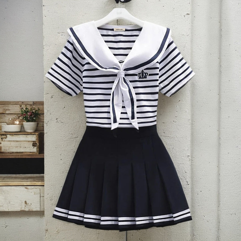 Girls Scarf Neck Striped Top With Pleated Skirt Sets Blue 4-5 Y 