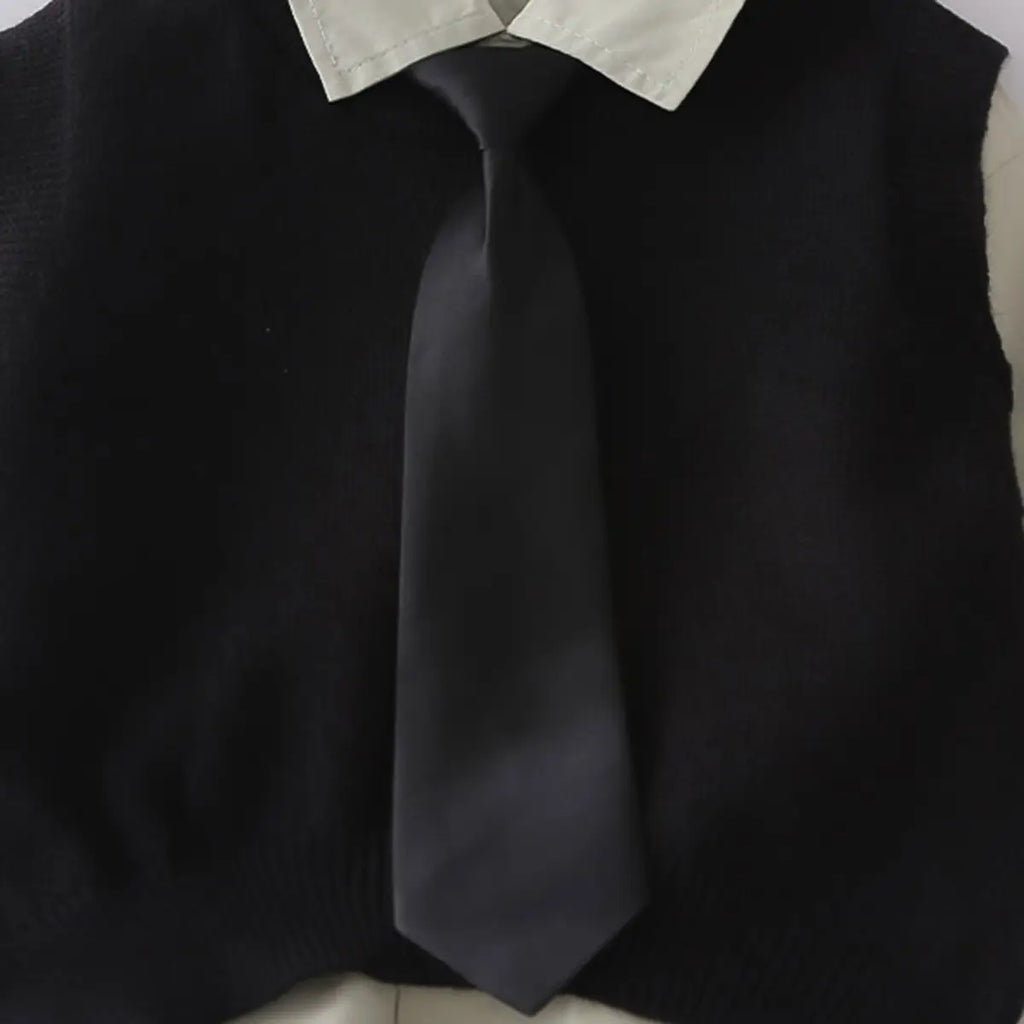 Boys Black Sweater Vest & Neck-Tie With Shirt & Cargo Jogger Sets Sets
