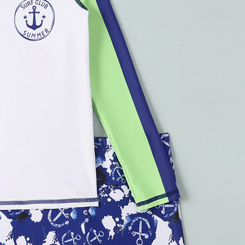 Boys White Long Sleeves T-Shirt With Printed Shorts Swimwear Sets Beachwear