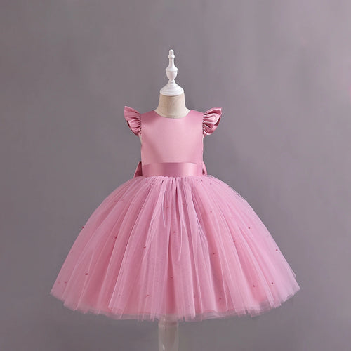 Girls Pink Pearl-Embellished Flutter Sleeve Party Wear Dress Party Dresses Pink 1-2 Y