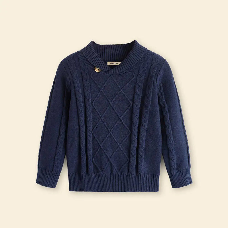 Boys Navy Blue Self-Design Cable-Knit Sweater Sweaters & Cardigans