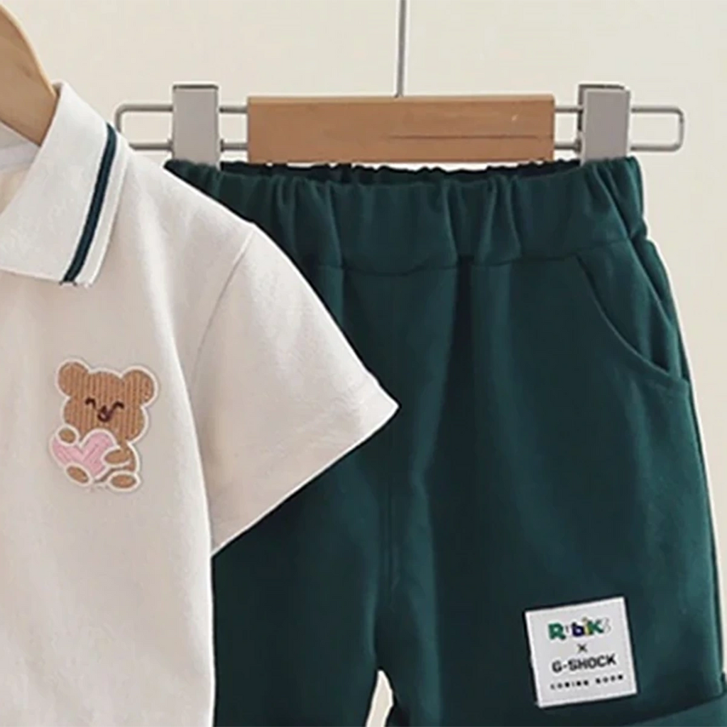 Boys Bear Patch Embroidered Polo T-Shirt With Necktie & Dark Green Shorts Set Sets