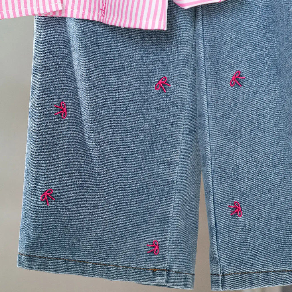 Girls Pink Stripes Long Sleeves Shirt & Scarf With Bow Embroidered Denim Pants Sets