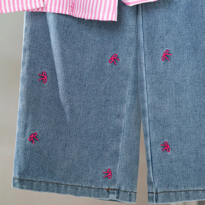 Girls Pink Stripes Long Sleeves Shirt & Scarf With Bow Embroidered Denim Pants Sets