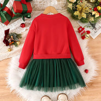 Girls Red Christmas Tree Printed Sweatshirt Dress With Bow Applique Casual Dresses