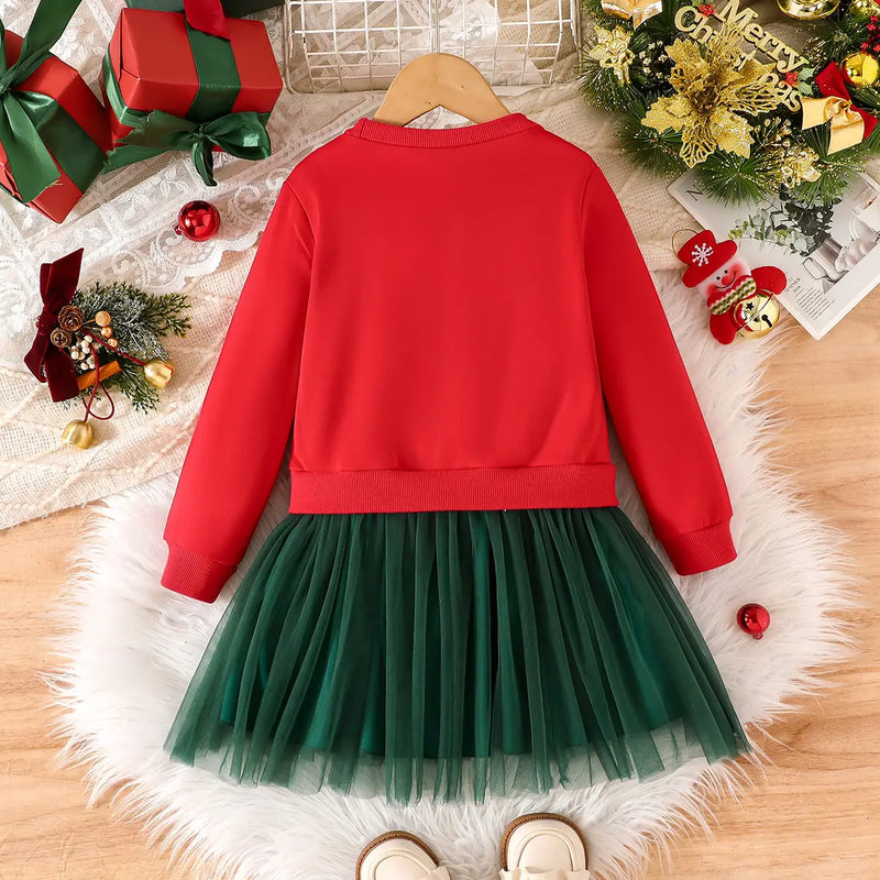 Girls Red Christmas Tree Printed Sweatshirt Dress With Bow Applique Casual Dresses