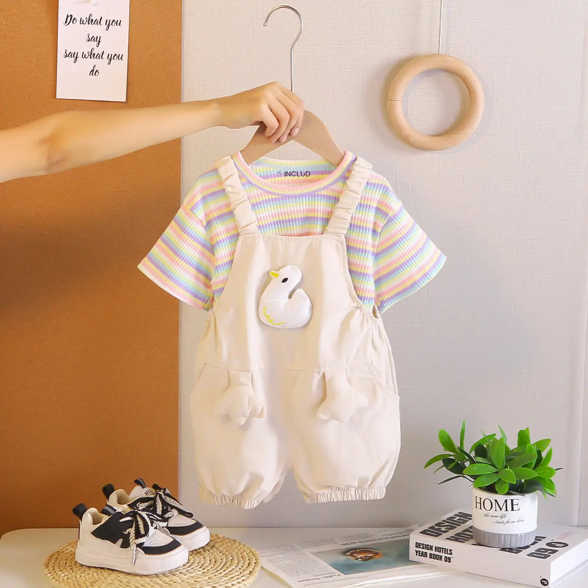 Girls Beige Toy Applique Dungaree With Short Sleeve Stripes T-Shirt Sets 2 pc. Sets Beige 1-2 Y