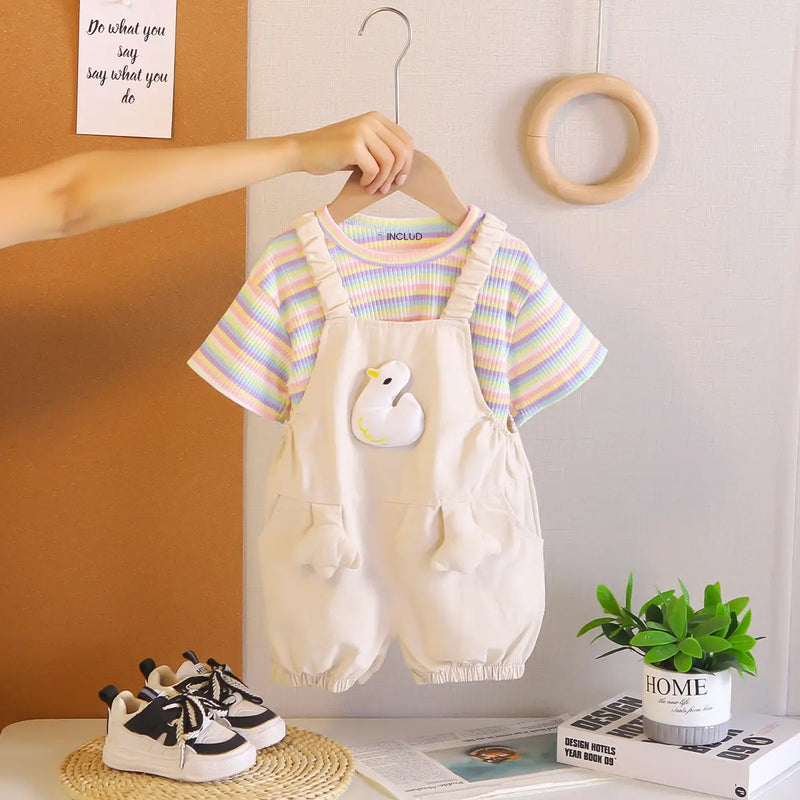 Girls Beige Toy Applique Dungaree With Short Sleeve Stripes T-Shirt Sets 2 pc. Sets Beige 1-2 Y