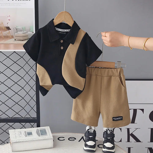 Boys Brown Colourblocked Polo T-Shirt With Shorts Sets Sets Brown 1-2 Y