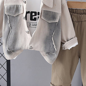 Boys Beige Solid Shacket With Printed T-Shirt & Pants Set Sets