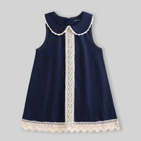 Girls Navy Blue Lace Detailed Peter Pan Collar A-Line Dress Casual Dresses