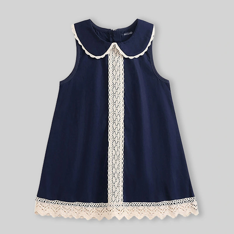 Girls Navy Blue Lace Detailed Peter Pan Collar A-Line Dress Casual Dresses