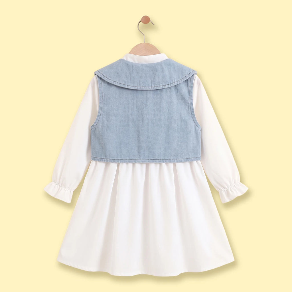 Girls White Long Sleeve Shirt Dress With Denim Vest Casual Dresses