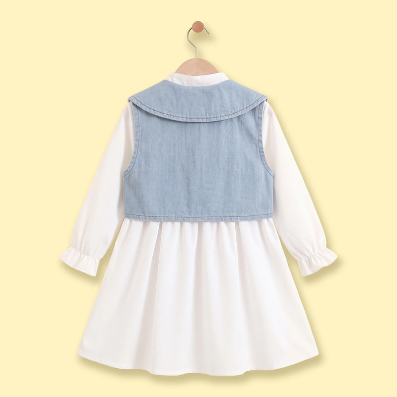 Girls White Long Sleeve Shirt Dress With Denim Vest Casual Dresses