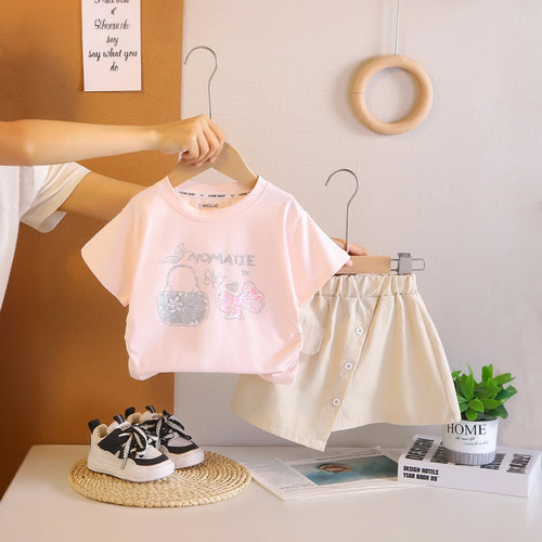 Girls Pink Handbag Graphic Short Sleeve T-Shirt With Asymmetric Shorts Sets 2 pc. Sets Pink 1-2 Y