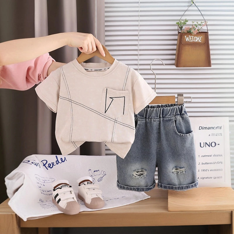 Boys Beige Graphic Printed Short Sleeve T-Shirt With Distressed Denim Shorts Sets 2 pc. Sets Beige 1-2 Y