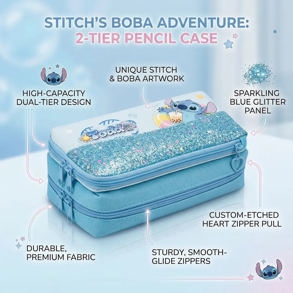 Girls Blue Disney Stitch School Pencil Case with Glitter Design Trending Accessories
