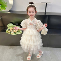Girls Apricot Embroidered Multilayer Tulle Overlay Party Wear Dress Party Dresses Apricot 1-2 Y