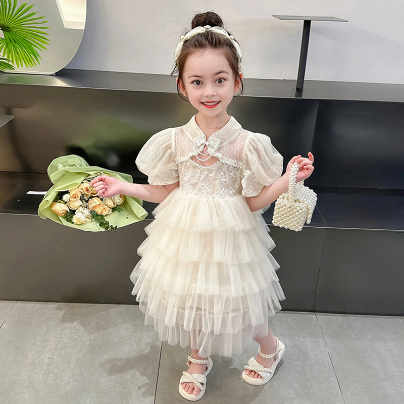 Girls Apricot Embroidered Multilayer Tulle Overlay Party Wear Dress Party Dresses Apricot 1-2 Y