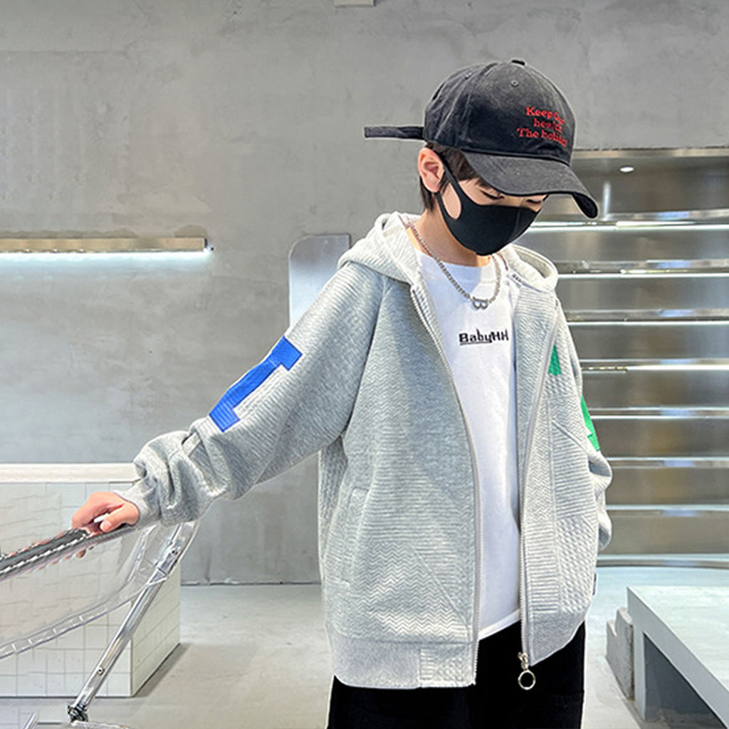 Boys Grey Textured Hooded Front Zipper Winter Jacket Sweatshirts & Hoodies