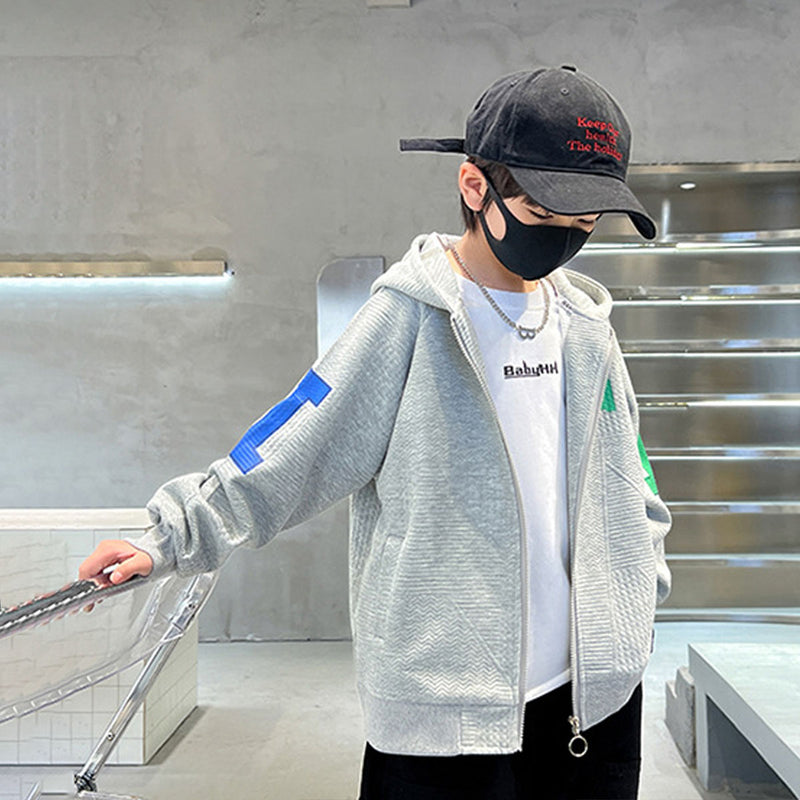 Boys Grey Textured Hooded Front Zipper Winter Jacket Sweatshirts & Hoodies
