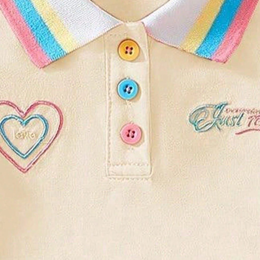 Girls Cream Heart Embroidered Polo T-Shirt With Skirt Sets 2 pc. Sets