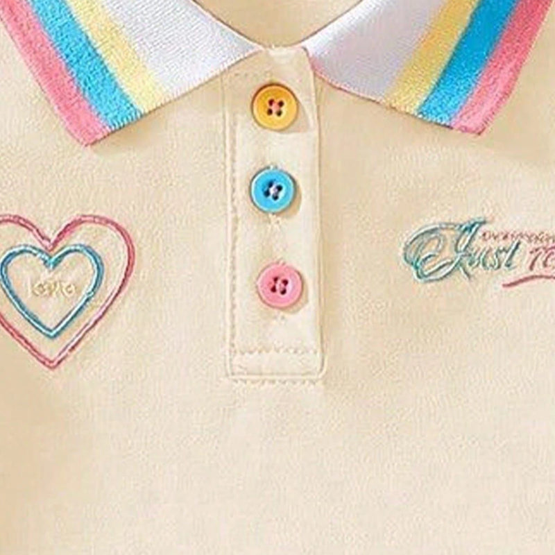 Girls Cream Heart Embroidered Polo T-Shirt With Skirt Sets 2 pc. Sets